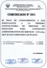 COMUNICADO 001- URGENTE. Ampliación de Plazas.